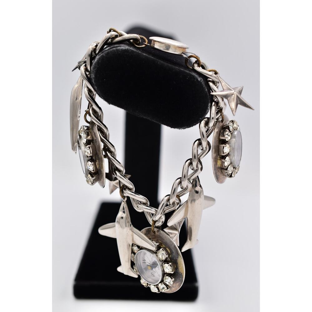 Vintage Airplane Charm Bracelet Compass Dial Rhinestone Silver Tone 1960s BinBR